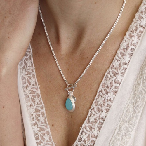 Silver Plated Aqua Stone Teardrop T-bar Necklace by Peace of Mind